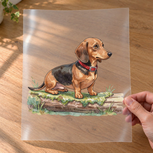 Bügelbild: Dackel auf dem Moosstamm inkl. Anleitung – auf Transferfolie