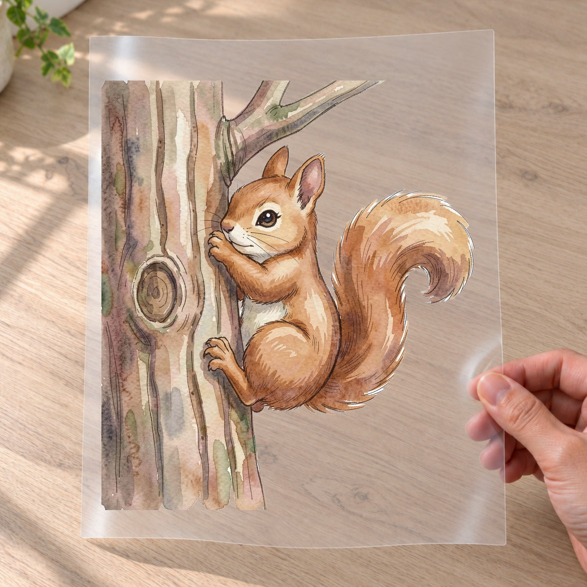 Bügelbild: Eichhörnchen am Baumstamm inkl. Anleitung – auf Transferfolie