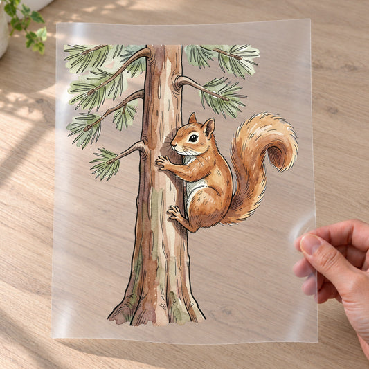 Bügelbild: Eichhörnchen am Kiefernstamm inkl. Anleitung – auf Transferfolie