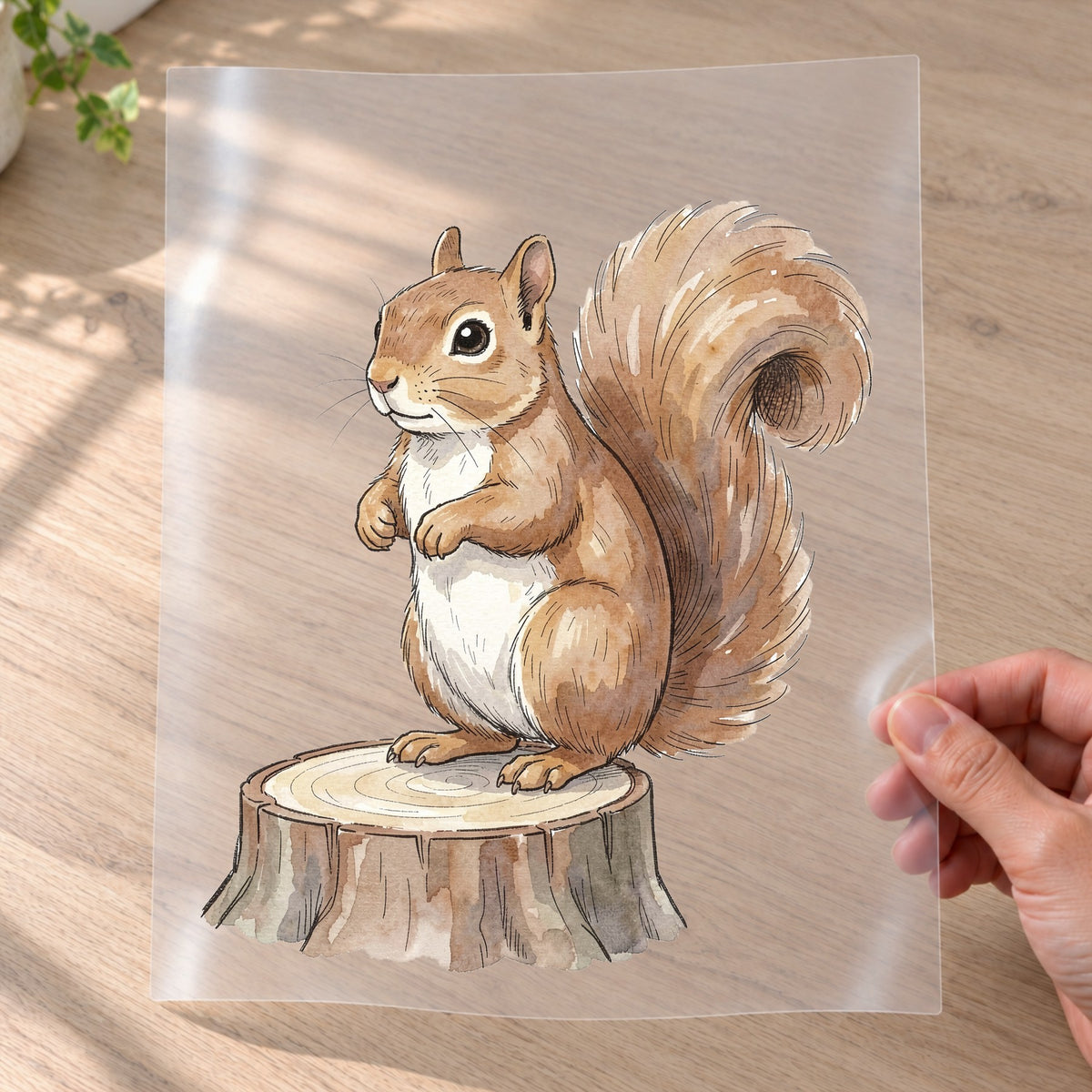 Bügelbild: Eichhörnchen auf Baumstumpf inkl. Anleitung – auf Transferfolie