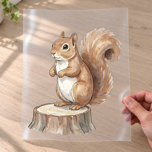 Bügelbild: Eichhörnchen auf Baumstumpf inkl. Anleitung – auf Transferfolie