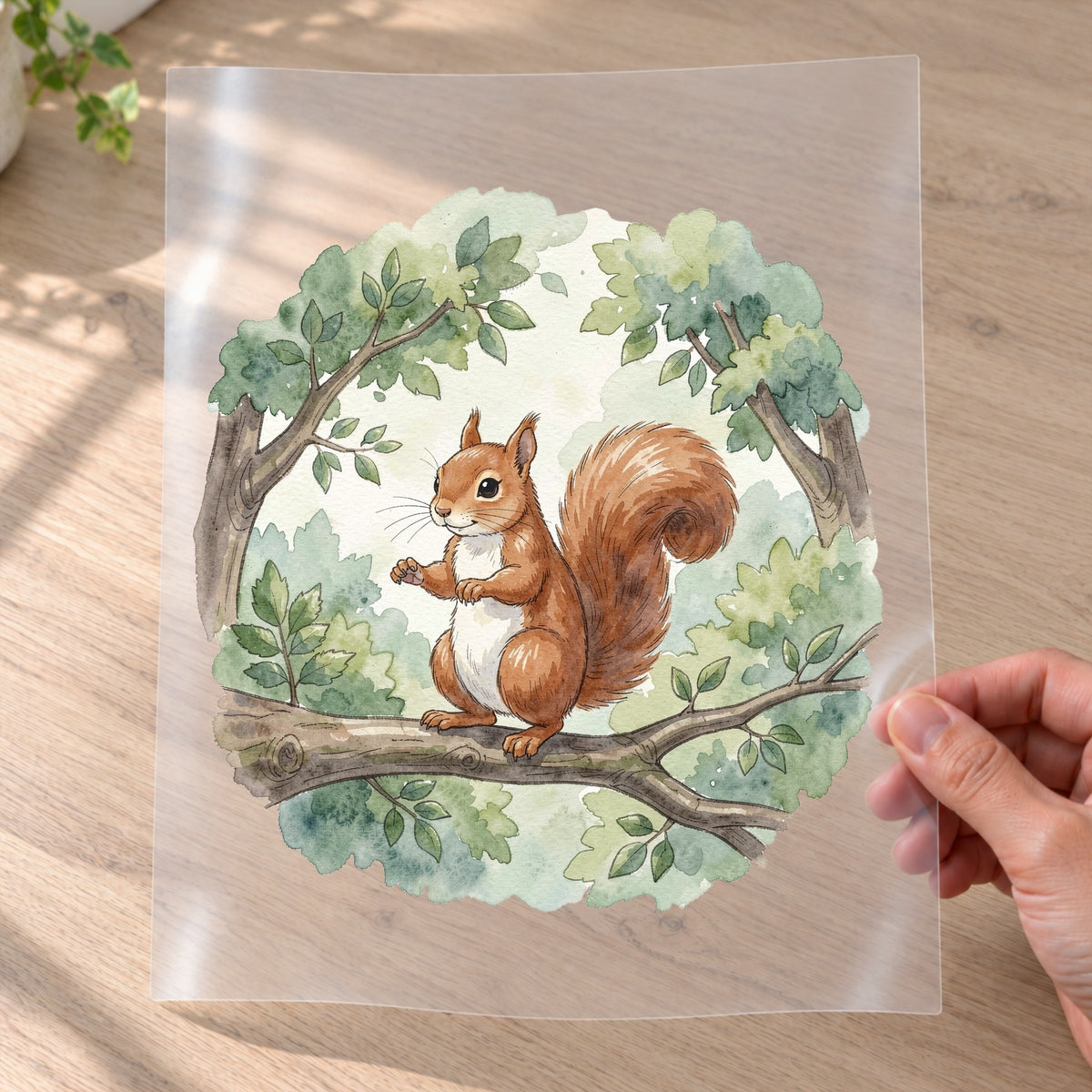 Bügelbild: Eichhörnchen auf Baumzweig inkl. Anleitung – auf Transferfolie