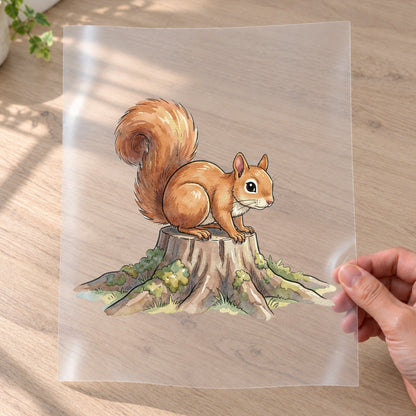 Bügelbild: Eichhörnchen auf dem Baumstumpf inkl. Anleitung – auf Transferfolie