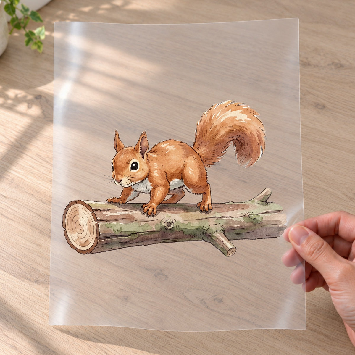 Bügelbild: Eichhörnchen auf dem Holzstapel inkl. Anleitung – auf Transferfolie