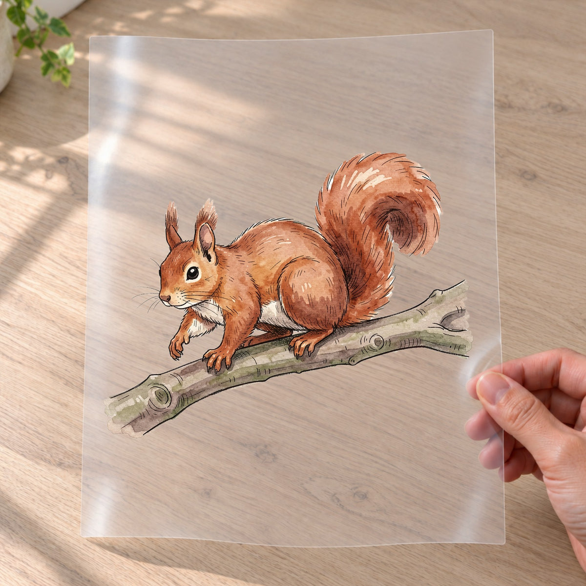 Bügelbild: Eichhörnchen auf dem Sprung inkl. Anleitung – auf Transferfolie