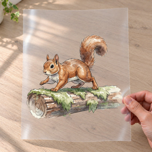 Bügelbild: Eichhörnchen auf Moosstamm inkl. Anleitung – auf Transferfolie