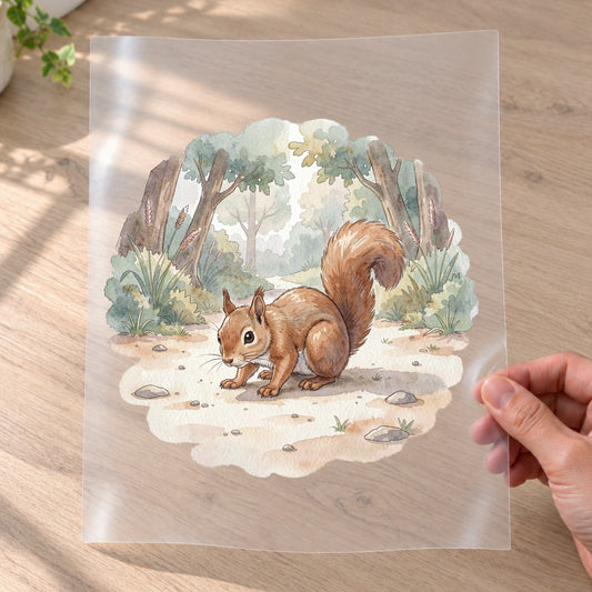 Bügelbild: Eichhörnchen auf Pfad inkl. Anleitung – auf Transferfolie
