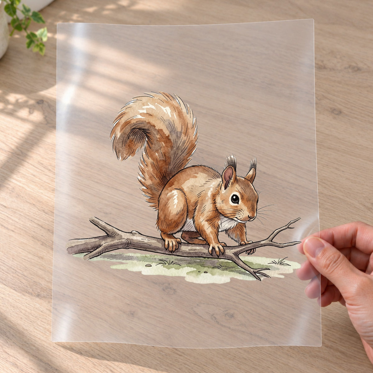 Bügelbild: Eichhörnchen balanciert auf Ast inkl. Anleitung – auf Transferfolie