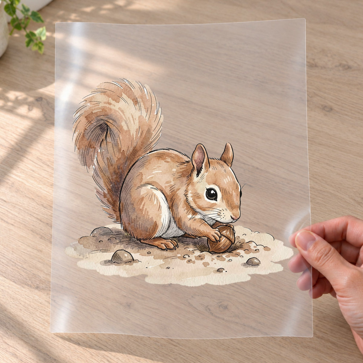 Bügelbild: Eichhörnchen beim Nüssevergraben inkl. Anleitung – auf Transferfolie