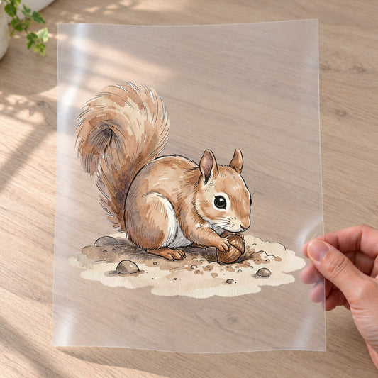 Bügelbild: Eichhörnchen beim Nüssevergraben inkl. Anleitung – auf Transferfolie