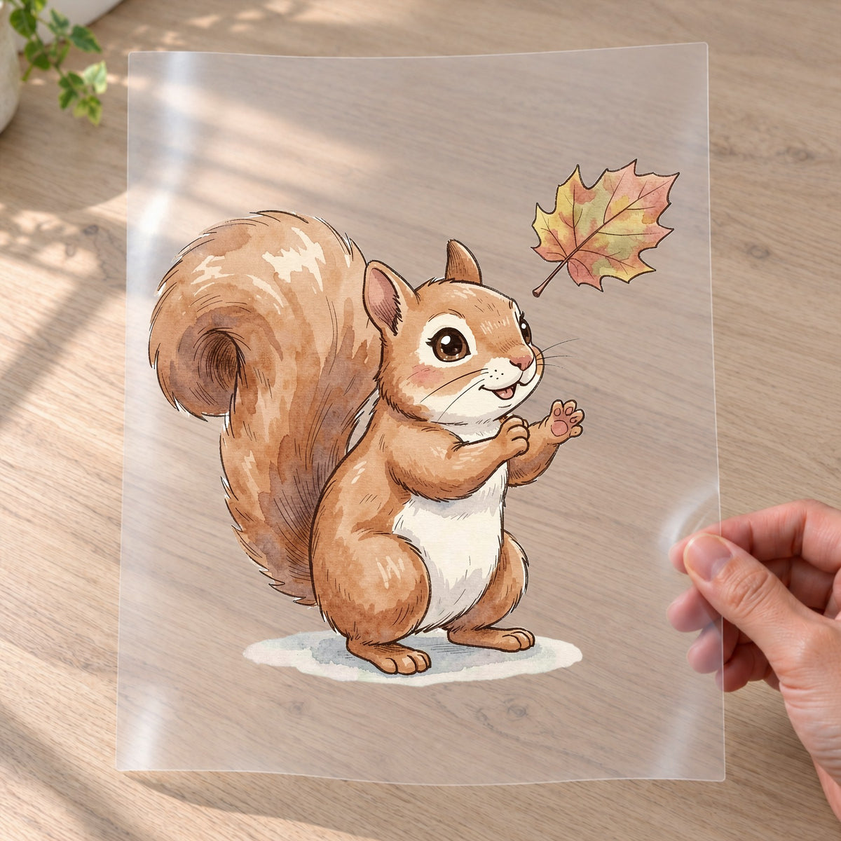 Bügelbild: Eichhörnchen fängt Herbstblatt inkl. Anleitung – auf Transferfolie