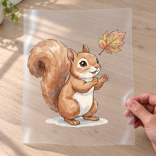 Bügelbild: Eichhörnchen fängt Herbstblatt inkl. Anleitung – auf Transferfolie