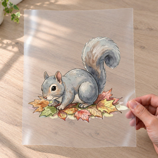 Bügelbild: Eichhörnchen im Herbstlaub inkl. Anleitung – auf Transferfolie