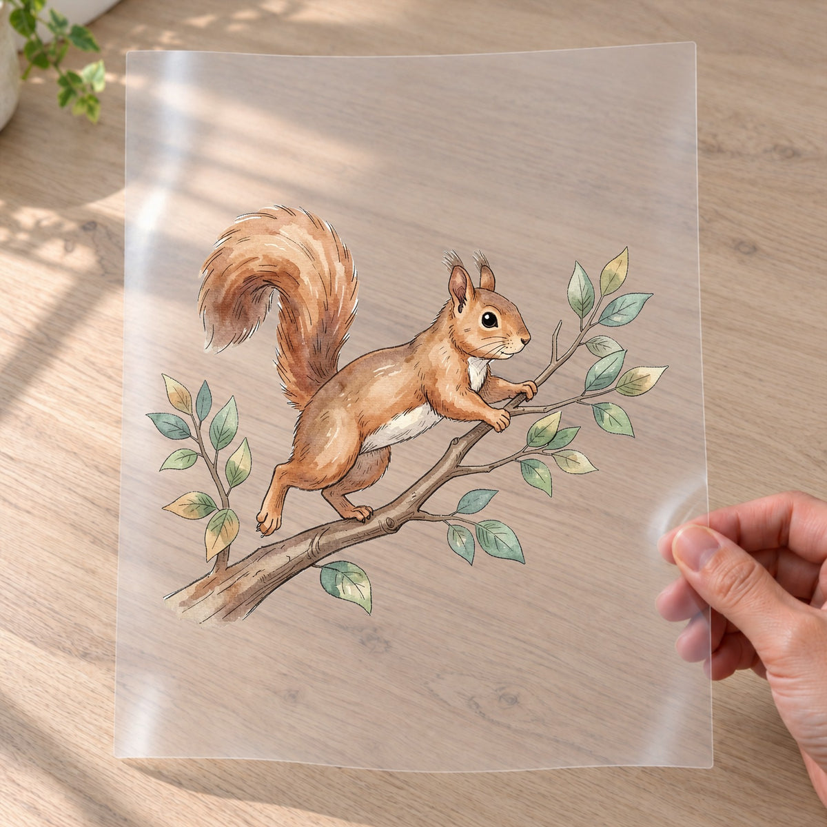 Bügelbild: Eichhörnchen klettert im Baum inkl. Anleitung – auf Transferfolie