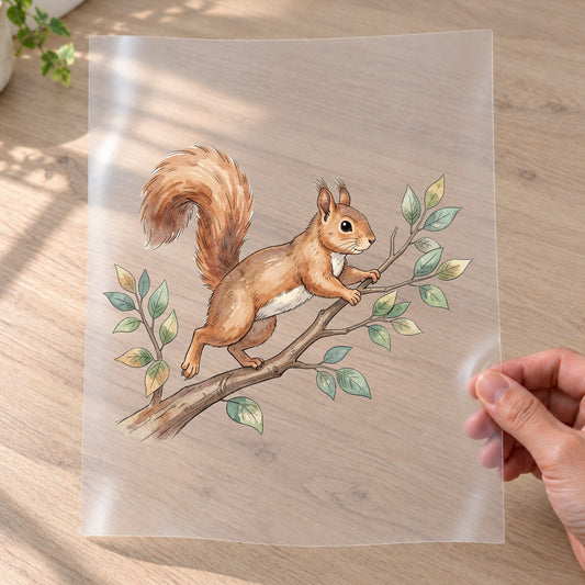 Bügelbild: Eichhörnchen klettert im Baum inkl. Anleitung – auf Transferfolie
