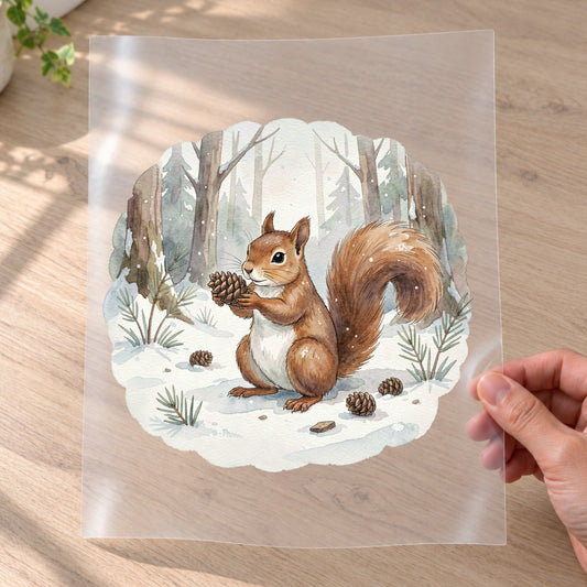 Bügelbild: Eichhörnchen mit Kiefernzapfen im Schnee inkl. Anleitung – auf Transferfolie