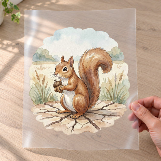 Bügelbild: Eichhörnchen mit Nuss inkl. Anleitung – auf Transferfolie