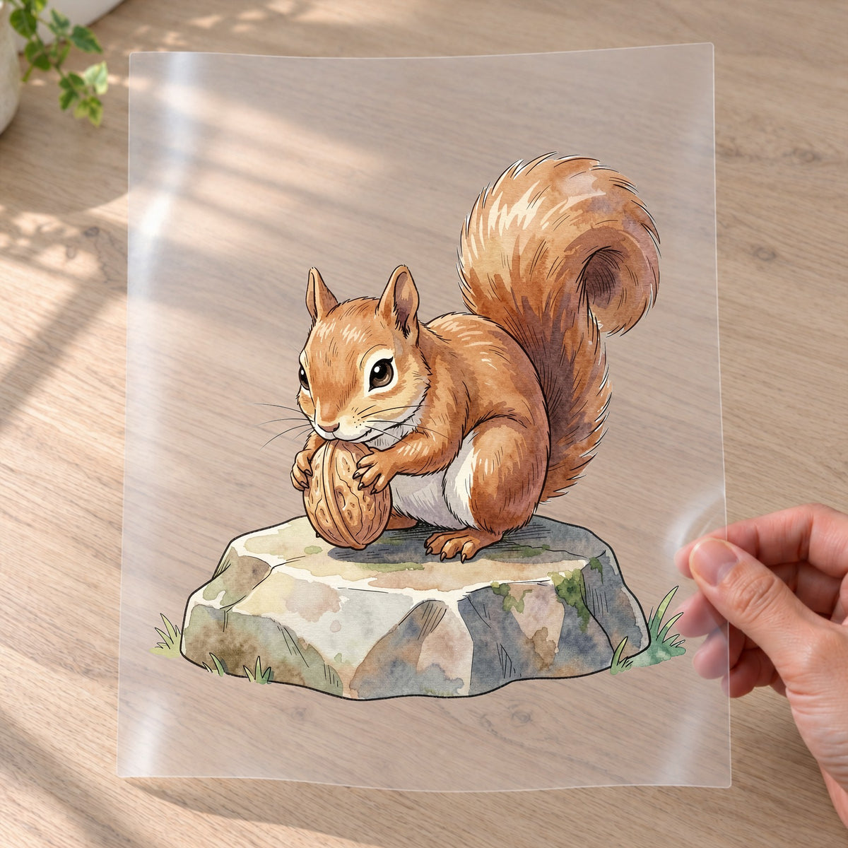 Bügelbild: Eichhörnchen mit Walnuss auf Stein inkl. Anleitung – auf Transferfolie