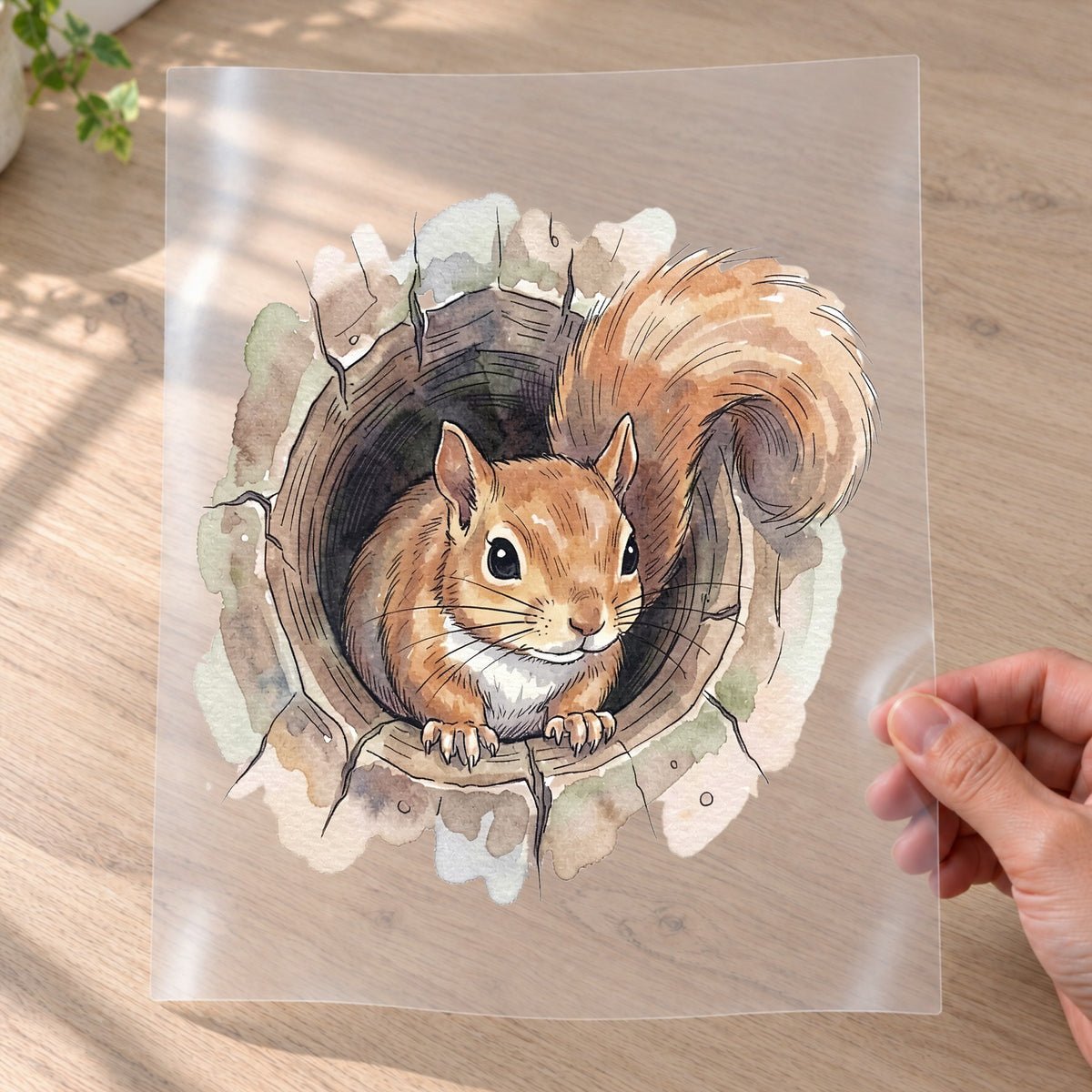 Bügelbild: Eichhörnchen schaut aus dem Baumstumpf inkl. Anleitung – auf Transferfolie