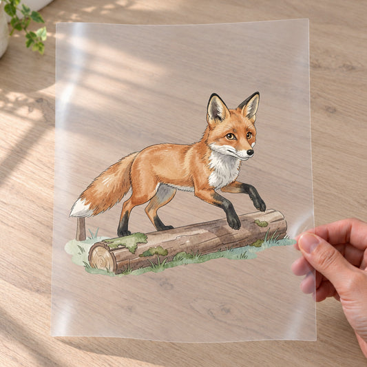 Bügelbild: Fuchs auf dem Baumstamm inkl. Anleitung – auf Transferfolie