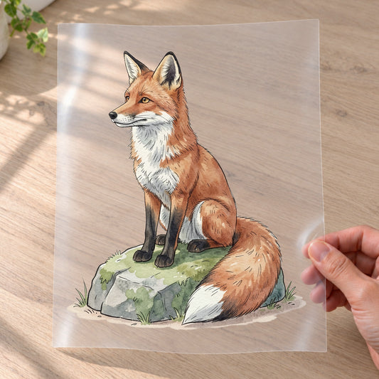 Bügelbild: Fuchs auf Moosstein inkl. Anleitung – auf Transferfolie