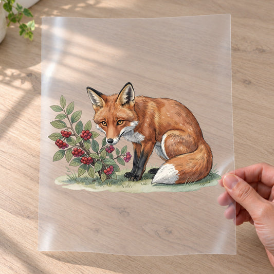 Bügelbild: Fuchs bei den Hagebutten inkl. Anleitung – auf Transferfolie