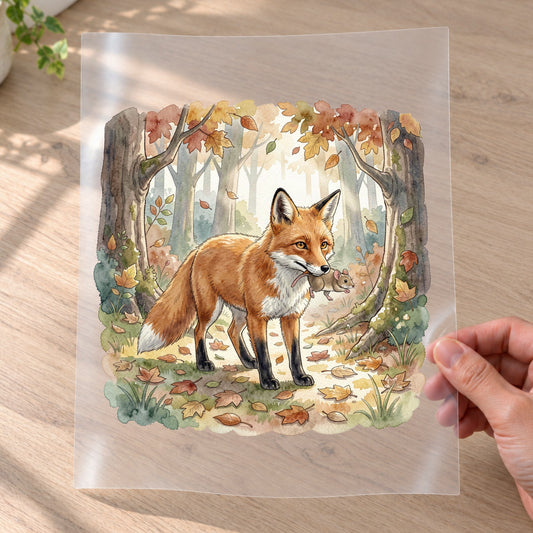 Bügelbild: Fuchs mit Maus im Herbst inkl. Anleitung – auf Transferfolie