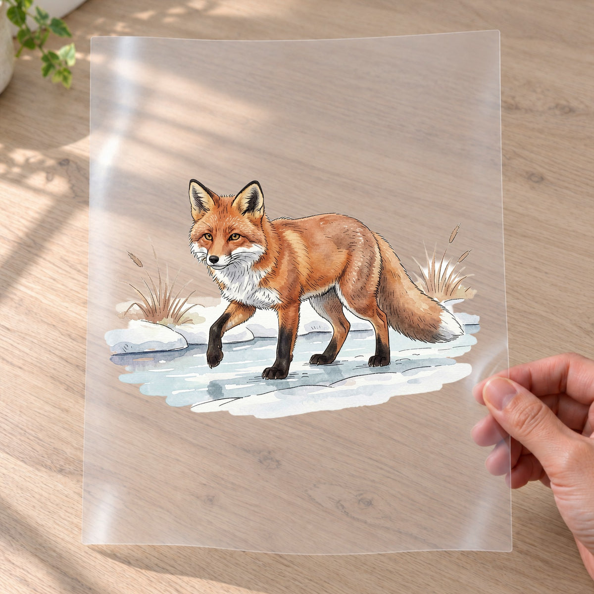 Bügelbild: Fuchs über gefrorenes Wasser inkl. Anleitung – auf Transferfolie
