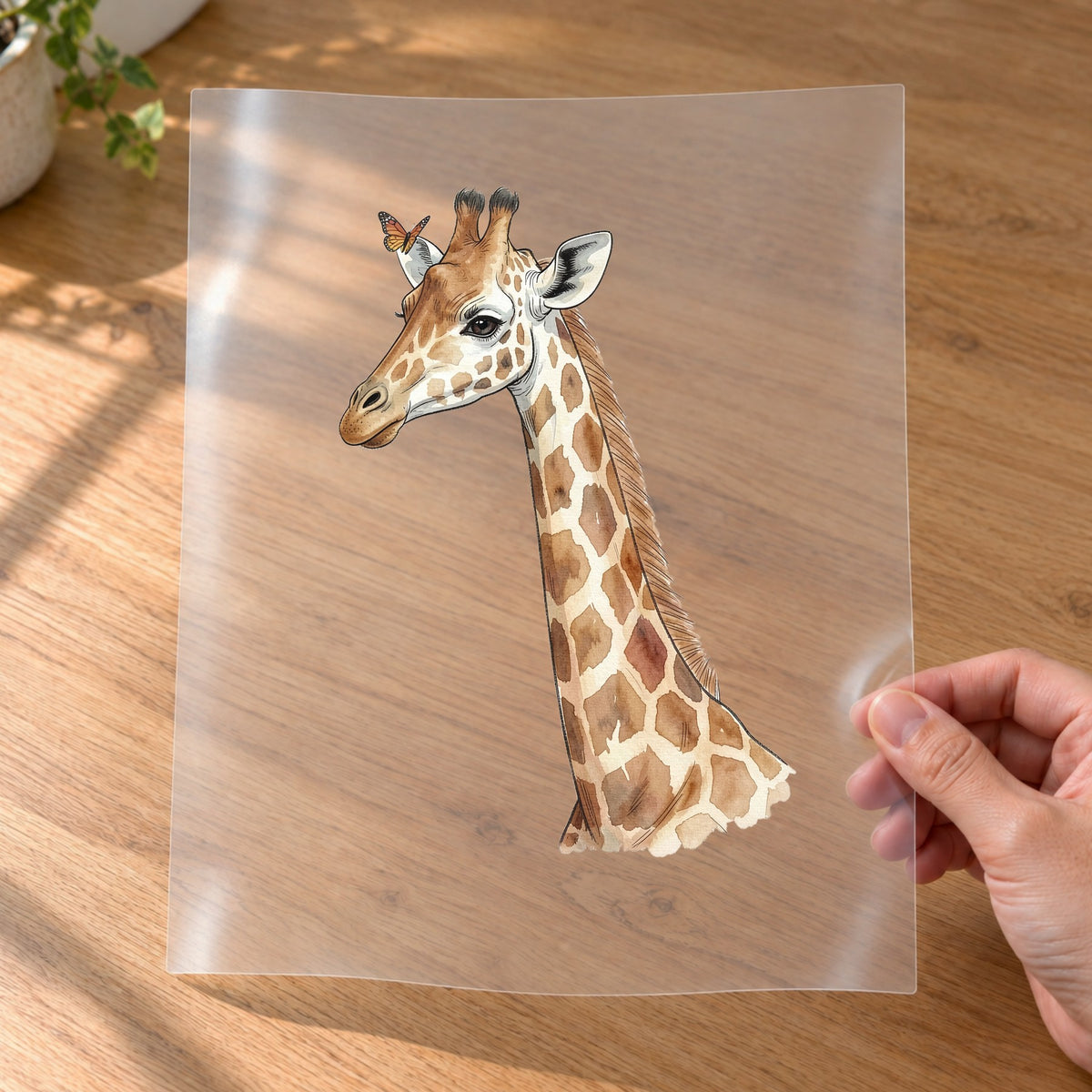 Bügelbild: Giraffe mit Schmetterling inkl. Anleitung – auf Transferfolie