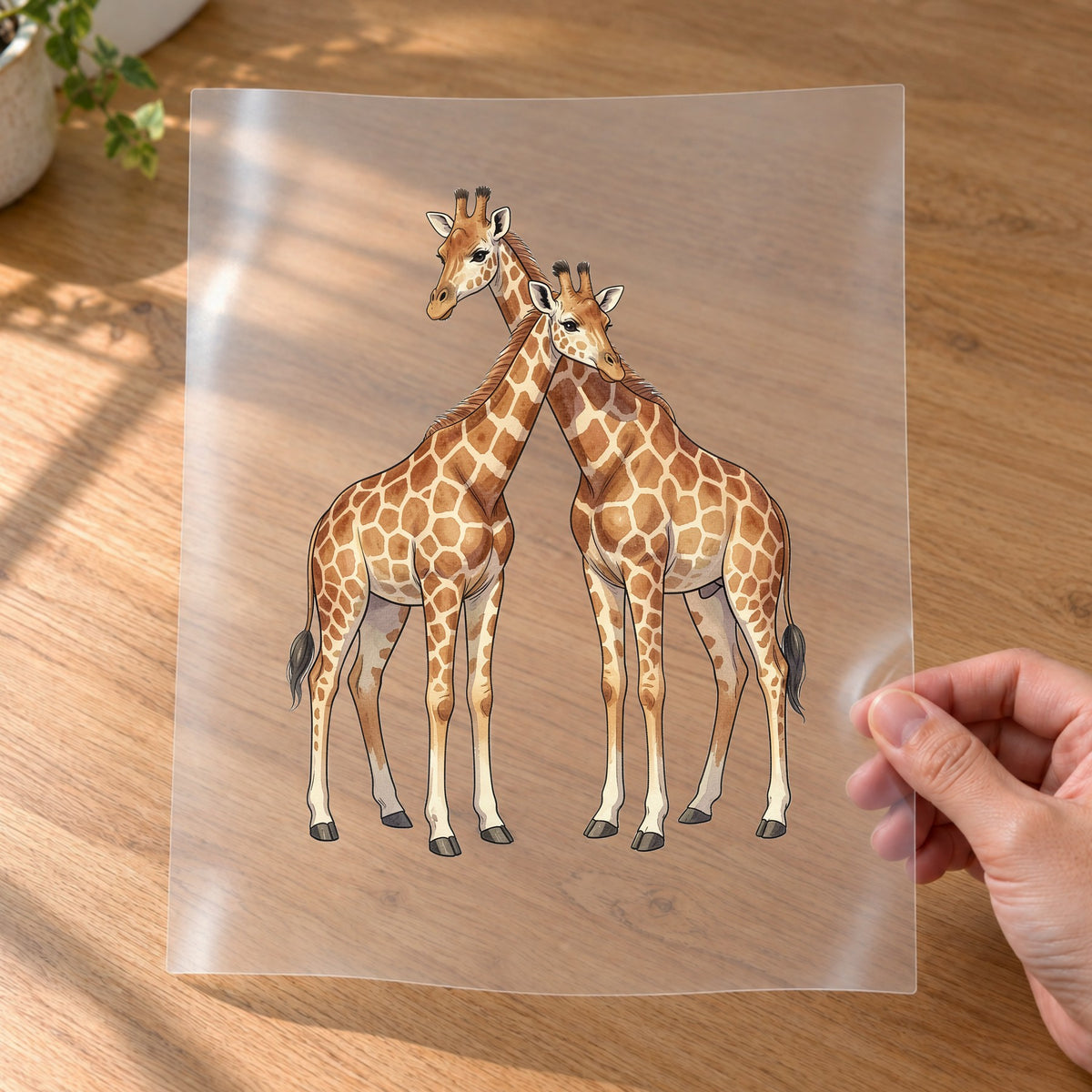 Bügelbild: Giraffenpaar mit überkreuzten Hälsen inkl. Anleitung – auf Transferfolie
