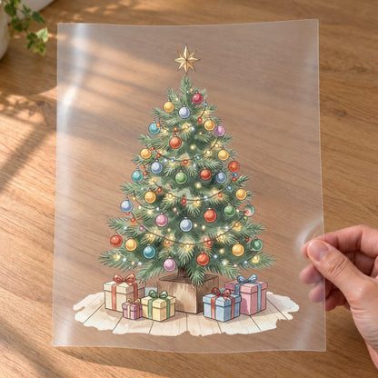 Bügelbild: Weihnachtsbaum mit Geschenken und Lichtern inkl. Anleitung – auf Transferfolie