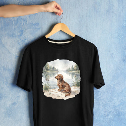 Bügelbild: Dackel am ruhigen See inkl. Anleitung – auf schwarzem T-Shirt