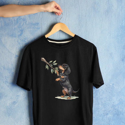 Bügelbild: Dackel beim Blätterlesen inkl. Anleitung – auf schwarzem T-Shirt