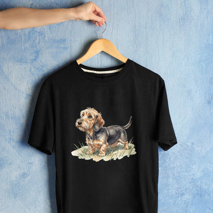 Bügelbild: Dackel beim Schnuppern inkl. Anleitung – auf schwarzem T-Shirt