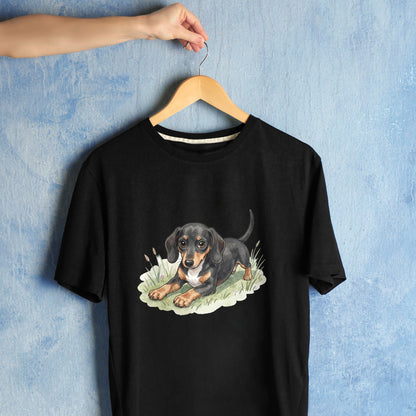 Bügelbild: Dackel im Gras liegend inkl. Anleitung – auf schwarzem T-Shirt