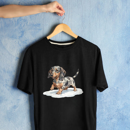 Bügelbild: Dackel im kalten Matsch inkl. Anleitung – auf schwarzem T-Shirt