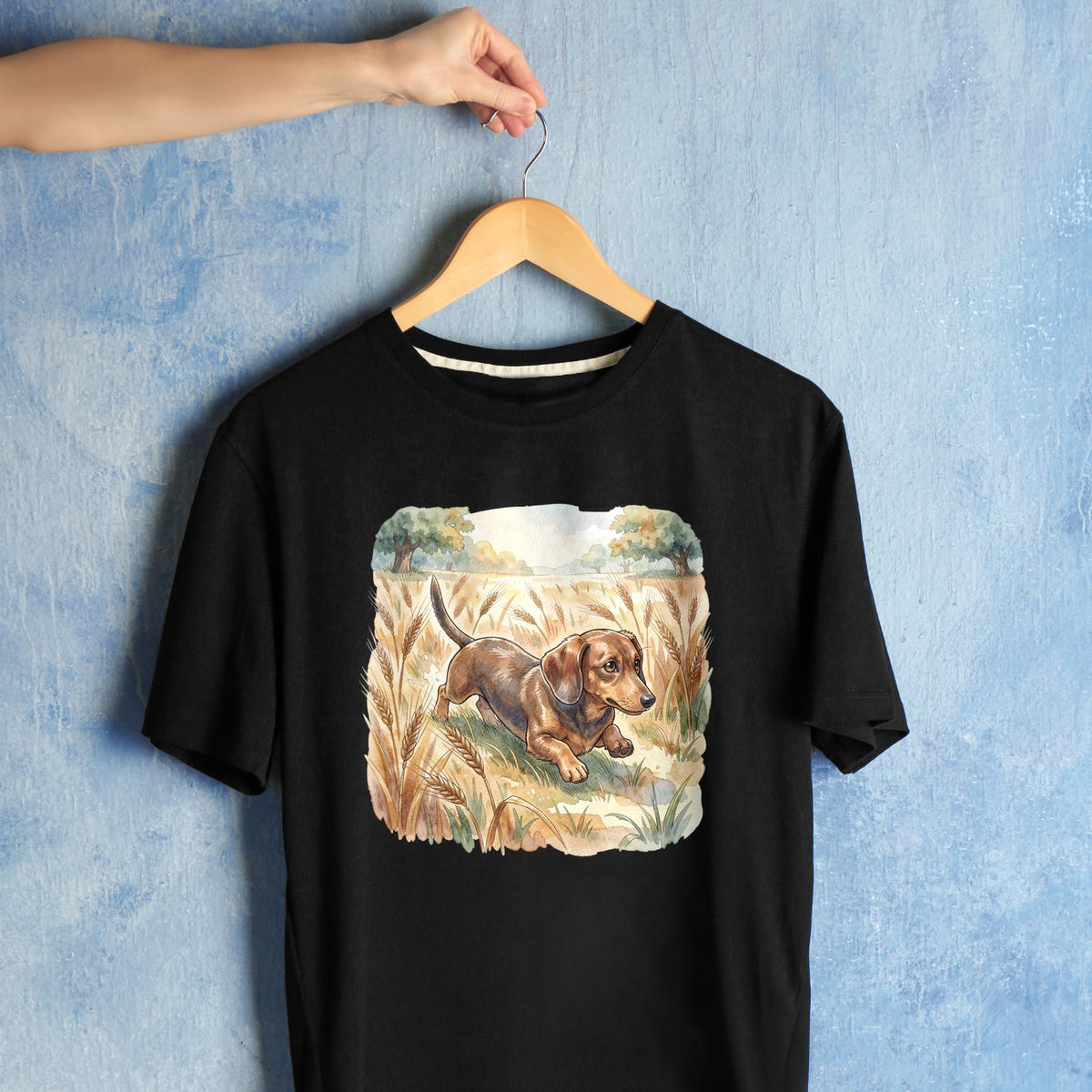 Bügelbild: Dackel im Weizenfeld inkl. Anleitung – auf schwarzem T-Shirt