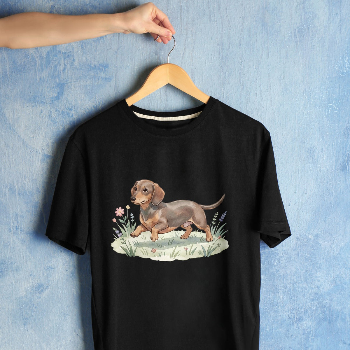 Bügelbild: Dackel in der Blumenwiese inkl. Anleitung – auf schwarzem T-Shirt