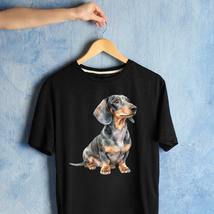 Bügelbild: Dackel mit Zunge im Gesicht inkl. Anleitung – auf schwarzem T-Shirt