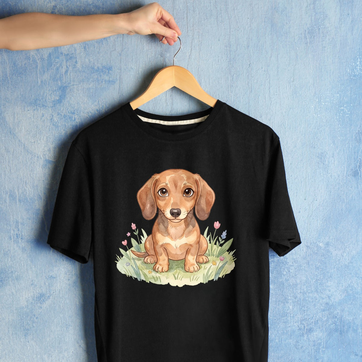 Bügelbild: Dackelwelpen auf der Wiese inkl. Anleitung – auf schwarzem T-Shirt