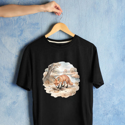 Bügelbild: Fuchs am Flussufer inkl. Anleitung – auf schwarzem T-Shirt