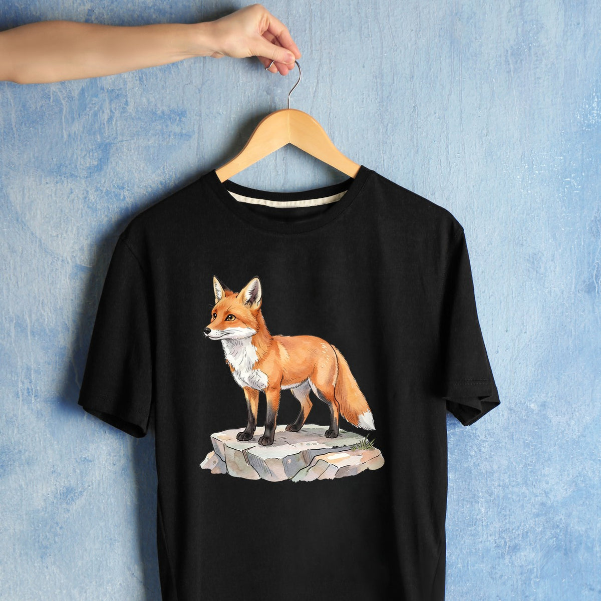 Bügelbild: Fuchs auf Stein inkl. Anleitung – auf schwarzem T-Shirt
