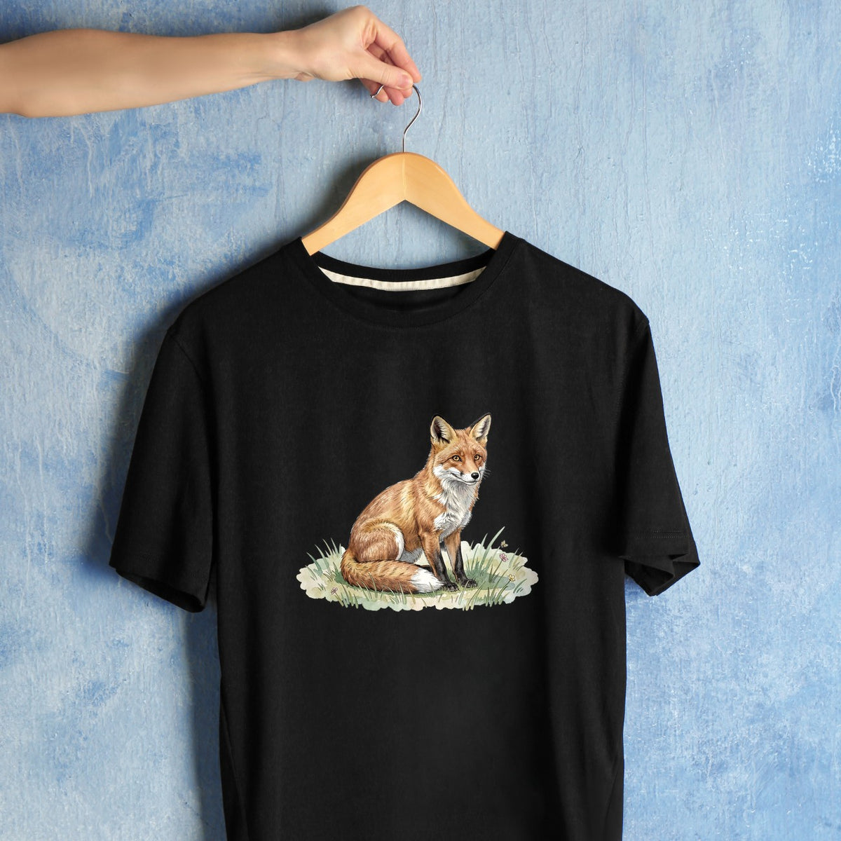 Bügelbild: Fuchs im frischen Grün inkl. Anleitung – auf schwarzem T-Shirt
