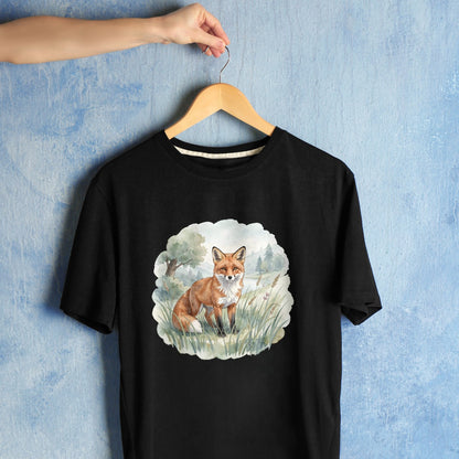 Bügelbild: Fuchs im Frühlingsgras inkl. Anleitung – auf schwarzem T-Shirt