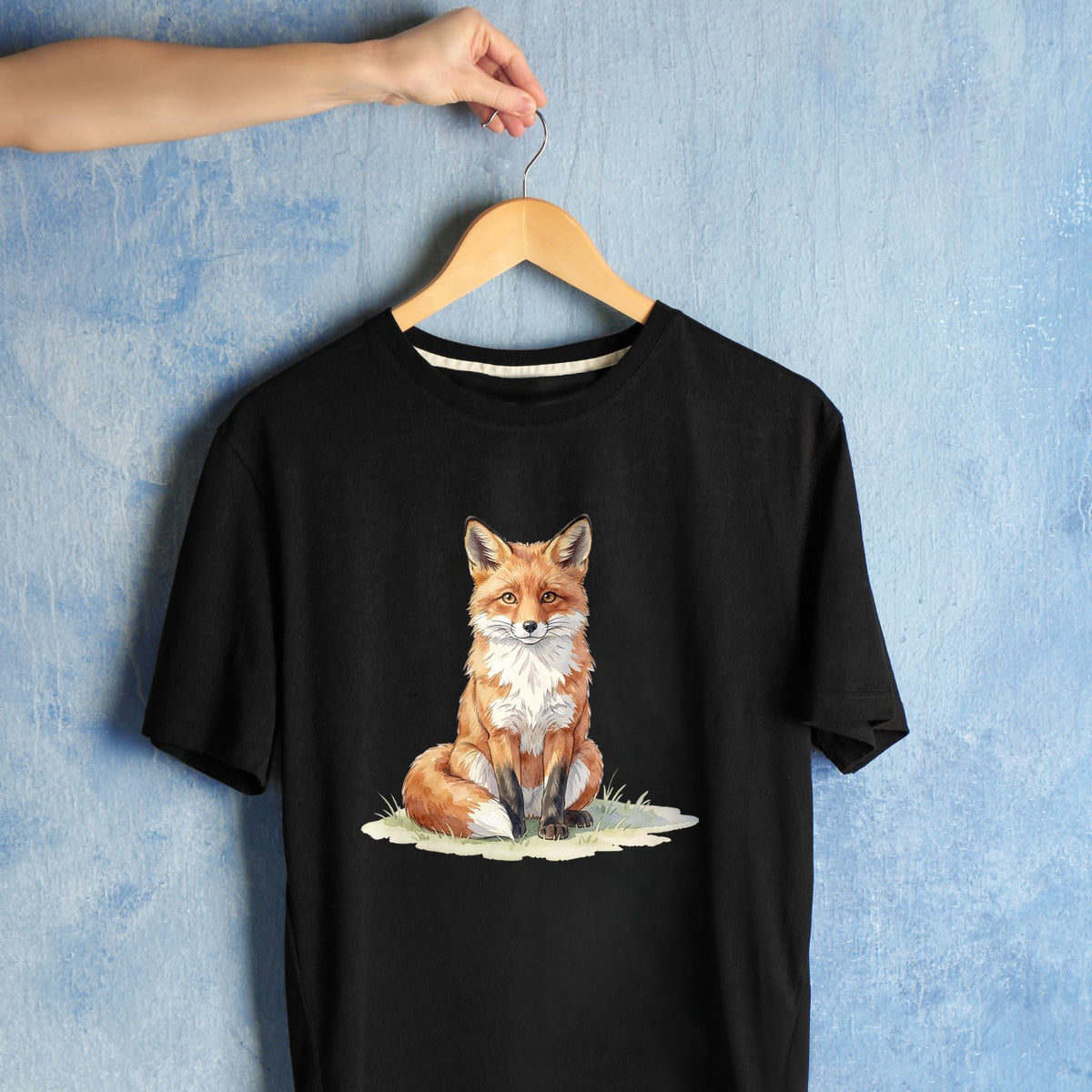 Bügelbild: Fuchs im Gras inkl. Anleitung – auf schwarzem T-Shirt