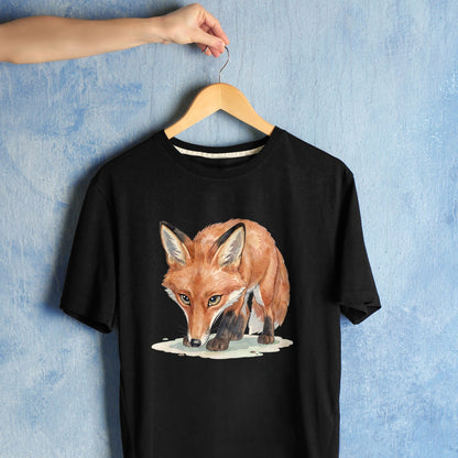 Bügelbild: Fuchs in der Jägerpose inkl. Anleitung – auf schwarzem T-Shirt