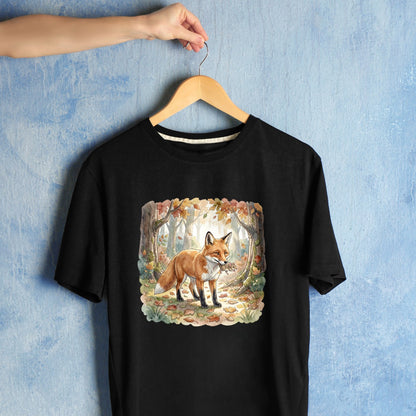Bügelbild: Fuchs mit Maus im Herbst inkl. Anleitung – auf schwarzem T-Shirt
