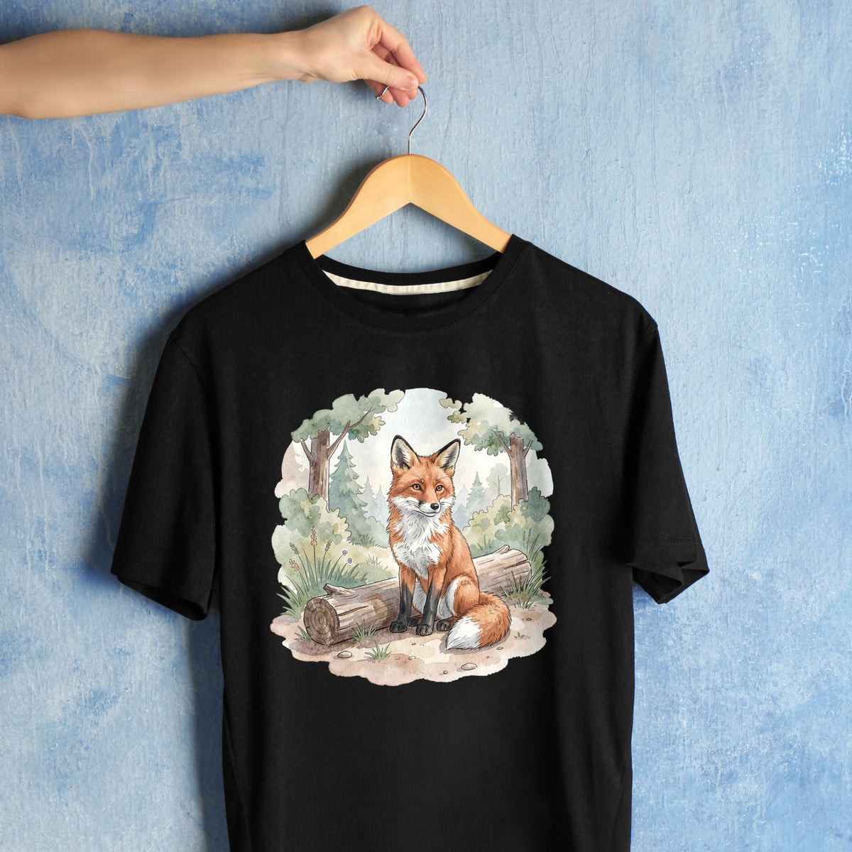Bügelbild: Fuchs mit neugierigem Blick inkl. Anleitung – auf schwarzem T-Shirt