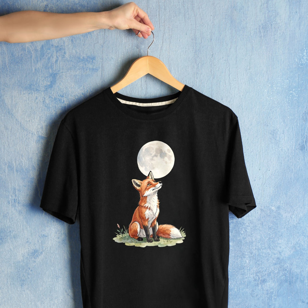 Bügelbild: Fuchs unter Vollmond inkl. Anleitung – auf schwarzem T-Shirt