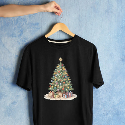 Bügelbild: Weihnachtsbaum mit Geschenken und Lichtern inkl. Anleitung – auf schwarzem T-Shirt